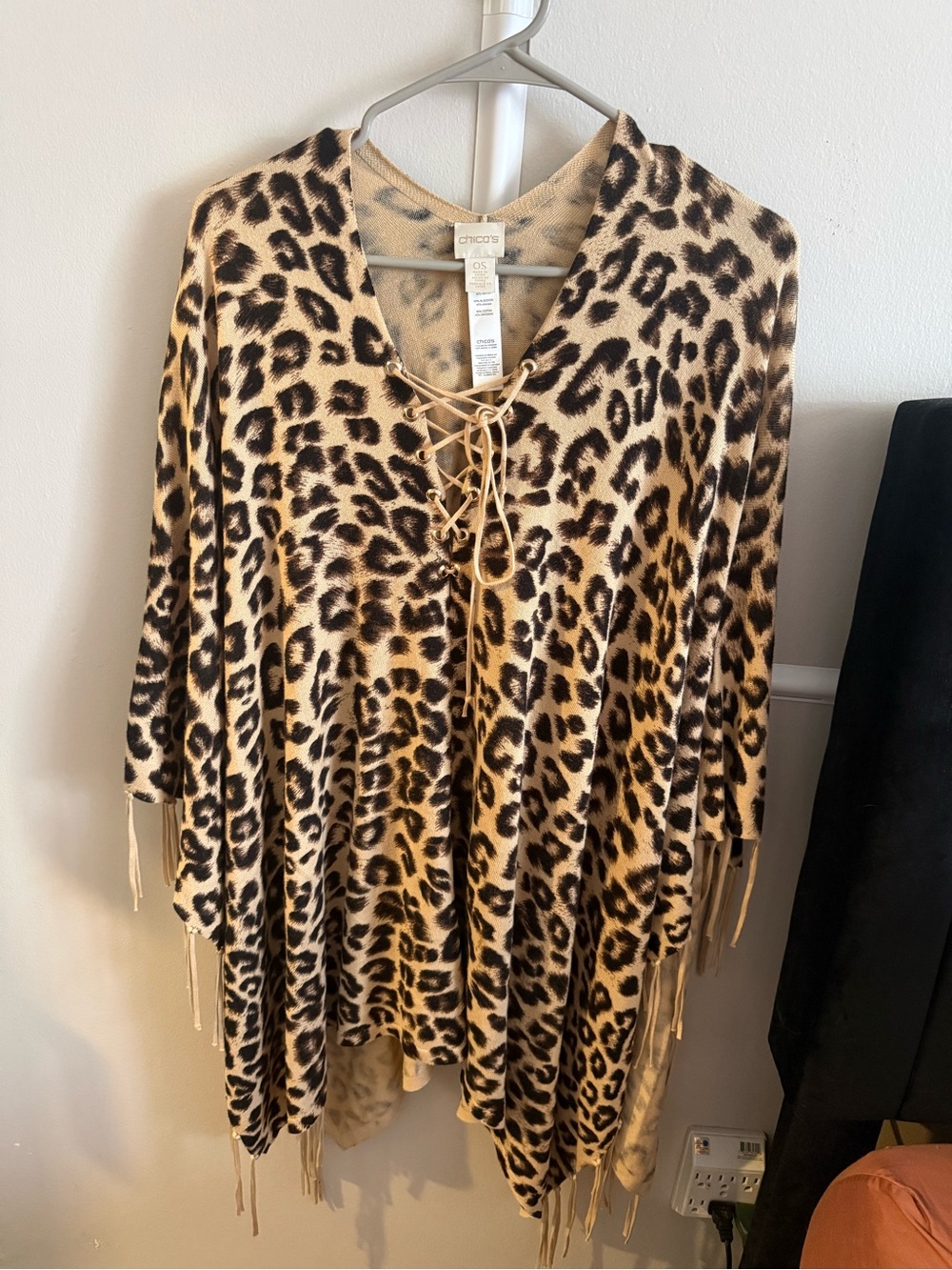 Chico's Leopard Lace-Up Poncho with Tassel Fringe
